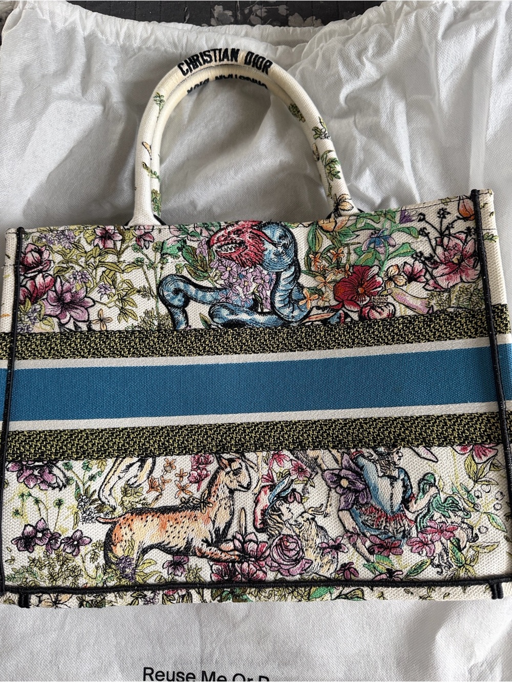 Dior Cream Canvas Floral & Blue Stripe Book Tote - Picture 2 of 8